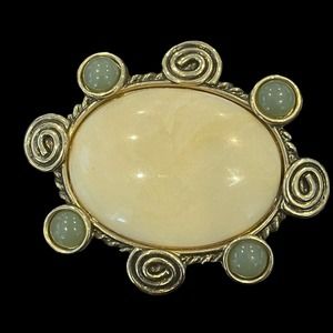 1928 Collection Gold Tone Ivory & Green Cabochon Modern Swirl Brooch Pin